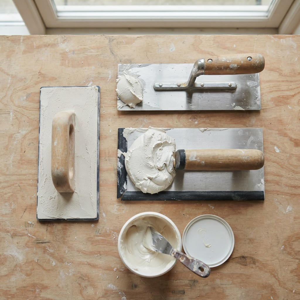 Plastering hand tools including a trowel, hawk, float and plaster compound arranged on a workbench